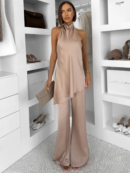 Béžový saténový společenský kalhotový komplet ZATOURA (Veľkosť ONESIZE)