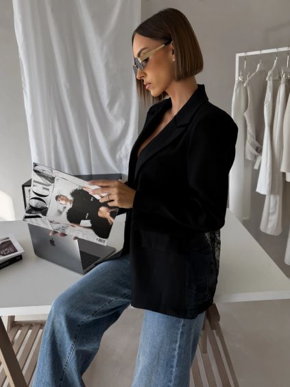 Černé elegantní stylové sako SOLARI s krajkou (Veľkosť ONESIZE)
