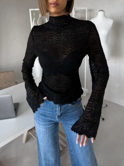 Čierne elegantný top LOMUX s dlhým rukávom (Veľkosť ONESIZE)