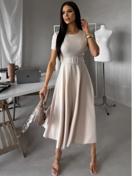 Krémové pouzdrové midi áčkové šaty WONDIX s páskem (Veľkosť ONESIZE)