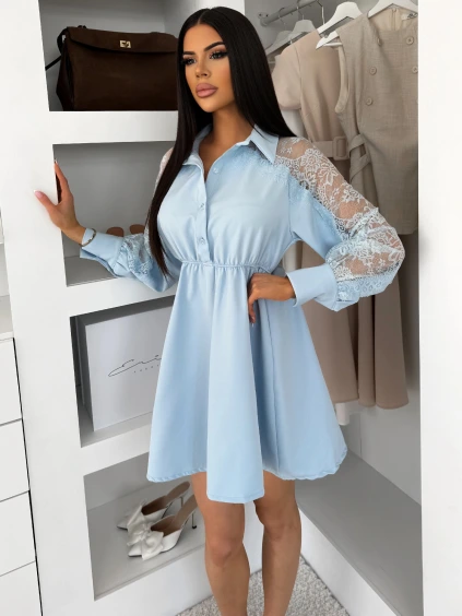 Modré košilové šaty VYLORIUM s krajkovými rukávy (Veľkosť ONESIZE)