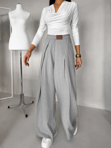 Šedé elegantné široké dlhé nohavice FENDRIS (Veľkosť L)