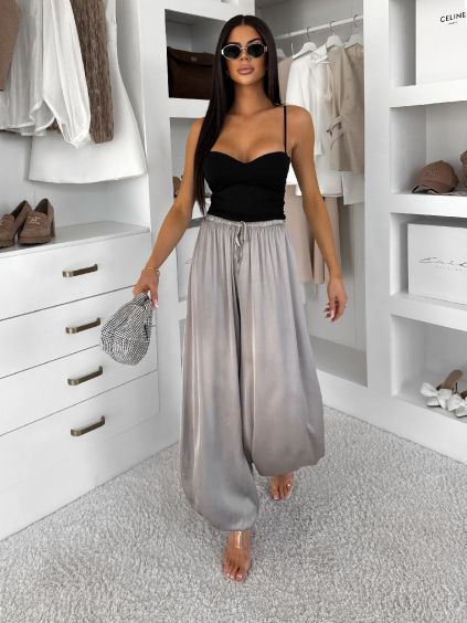 Šedé saténové balónové široké kalhoty KALLOS (Veľkosť ONESIZE)