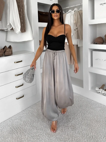 Šedé saténové balónové široké nohavice KALLOS (Veľkosť ONESIZE)