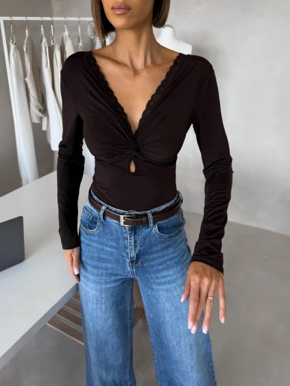Tmavo hnedé body LORIEN s dlhým rukávom (Veľkosť ONESIZE)