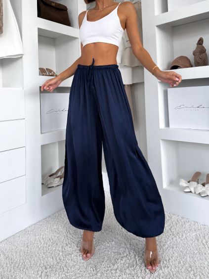 Tmavě modré saténové balónové široké kalhoty KALLOS (Veľkosť ONESIZE)