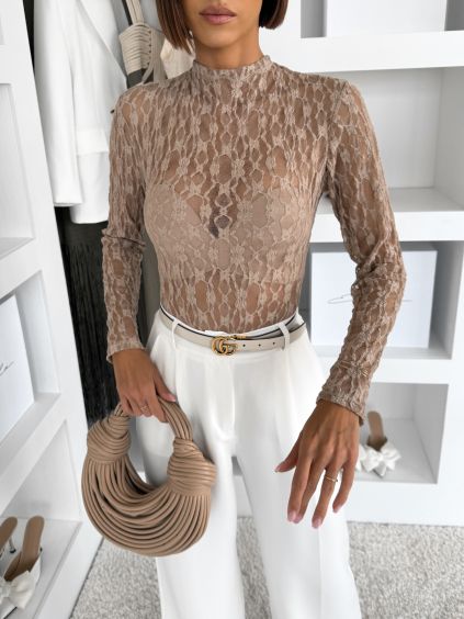 Béžové krajkové body TARELI s dlouhým rukávem (Veľkosť ONESIZE)