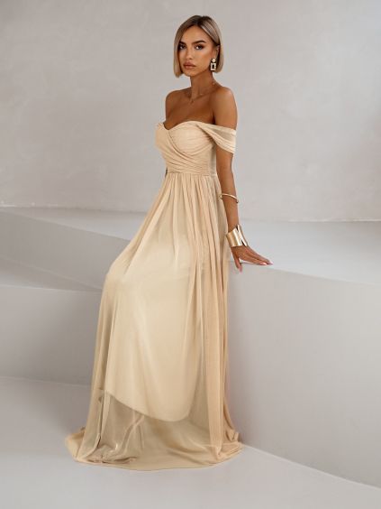 Béžové tylové spoločenské šaty BOSCO (Veľkosť ONESIZE)