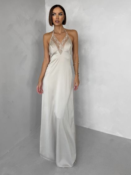 Béžové dlouhé saténové šaty FORTYK s krajkou (Veľkosť ONESIZE)