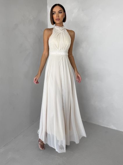 Béžové spoločenské dlhé tylové AURAC (Veľkosť ONESIZE)
