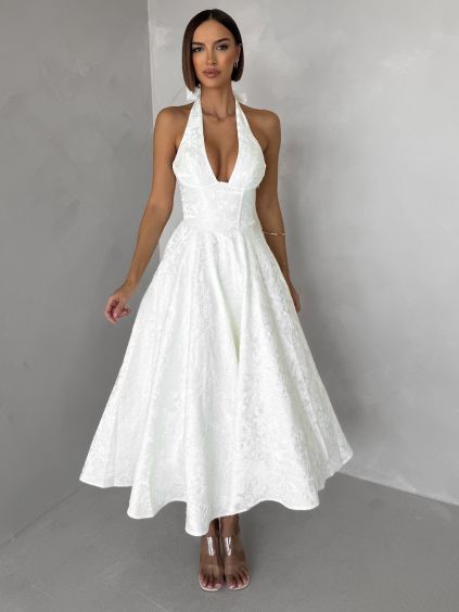 Biele spoločenské vypasované áčkové midi šaty NYXORA (Veľkosť L)