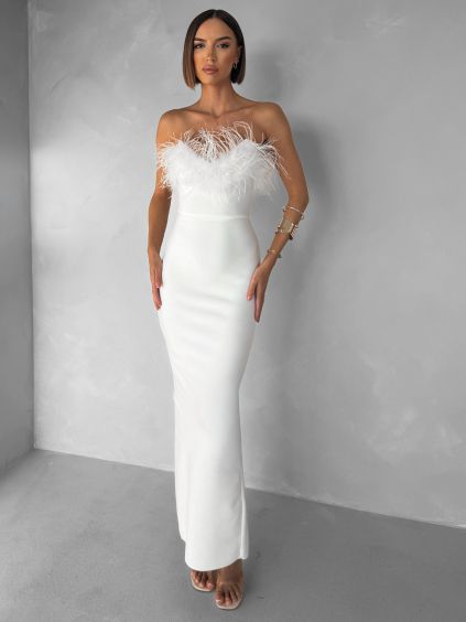 Bílé společenské vypasované dlouhé šaty BELSANTE s rozparkem (Veľkosť L)