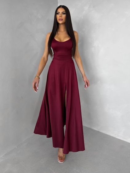 Bordó saténové vypasované šaty SIMUEL so šnurovaním (Veľkosť ONESIZE)