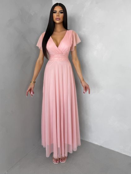 Broskyňové šifónové viazacie dlhé šaty VIONELA (Veľkosť ONESIZE)