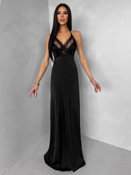 Čierne dlhé saténové šaty FORTYK s čipkou (Veľkosť ONESIZE)