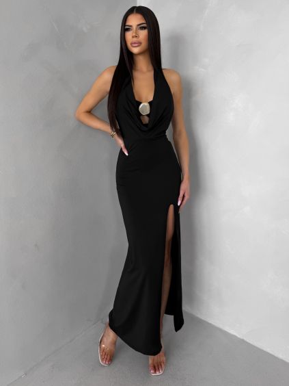 Čierne dlhé šaty SOLFARA s ozdobou (Veľkosť M/L)