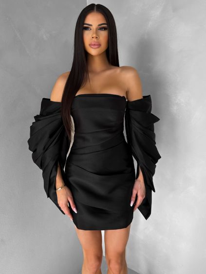 Černé koktejlové mini šaty TUVIANA s nabíranými rukávy (Veľkosť L)