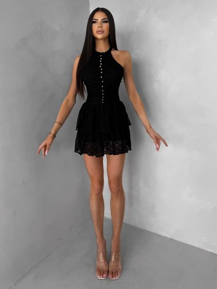 Černé krajkované koktejlové krátké šaty QUINTESSA (Veľkosť M/L)