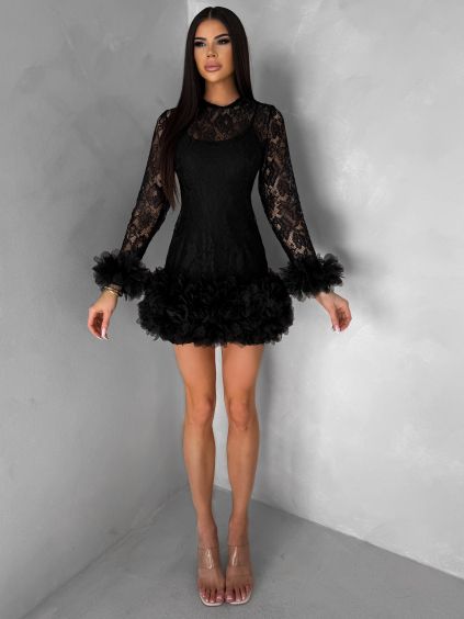 Černé krajkové mini koktejlové šaty VINDORA s tylovým volánem (Veľkosť M/L)