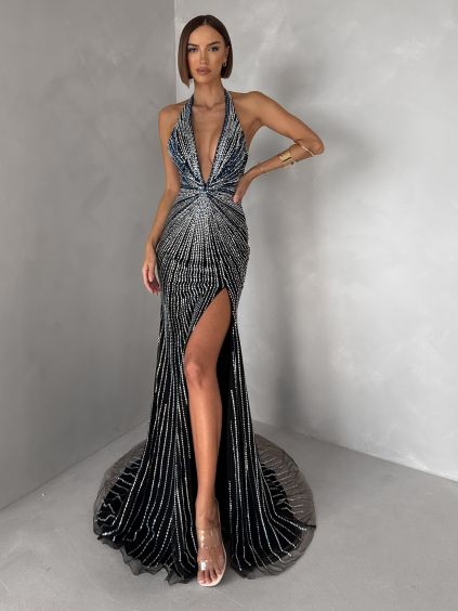 Černé luxusní dlouhé plesové třpytivé šaty ISOLANE (Veľkosť M)