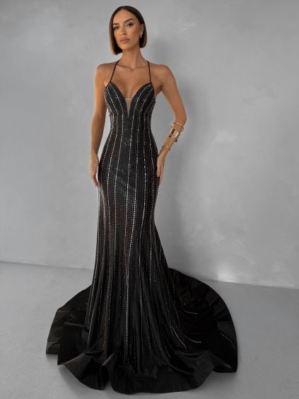 Čierne plesové luxusné dlhé trblietavé šaty GALDYNE s rázporkom (Veľkosť L)