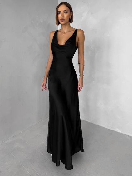 Černé saténové dlouhé šaty MIREVE s odhalenými zády (Veľkosť ONESIZE)