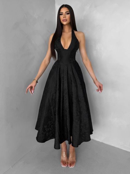 Čierne spoločenské vypasované áčkové midi šaty NYXORA (Veľkosť L)