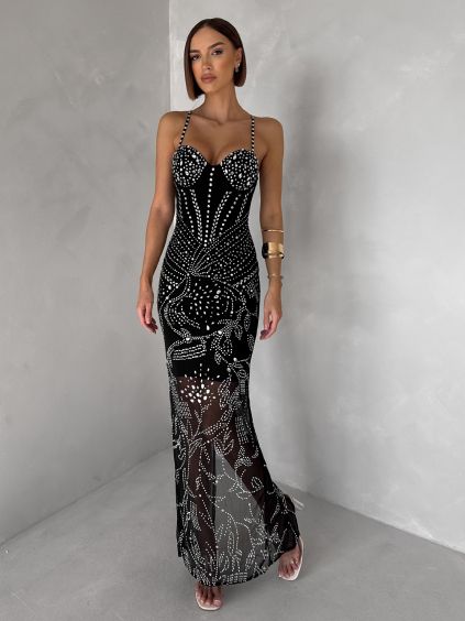 Čierne trblietavé dlhé šaty ORYNTHIA na ramienka (Veľkosť L)
