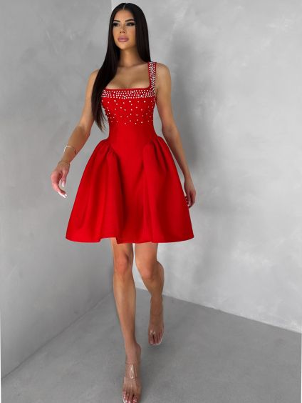 Červené krátké vypasované áčkové šaty MIRELYS s kamínky (Veľkosť L)