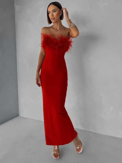 Červené společenské dlouhé vypasované šaty BELSANTE s rozparkem (Veľkosť L)