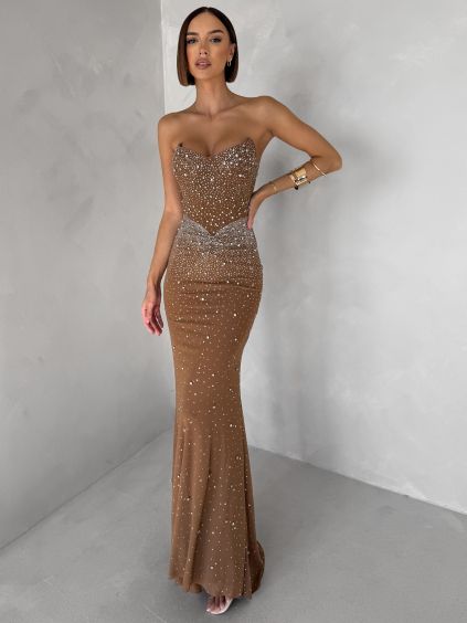 Hnědé nude třpytivé dlouhé šaty XANDERA (Veľkosť L)