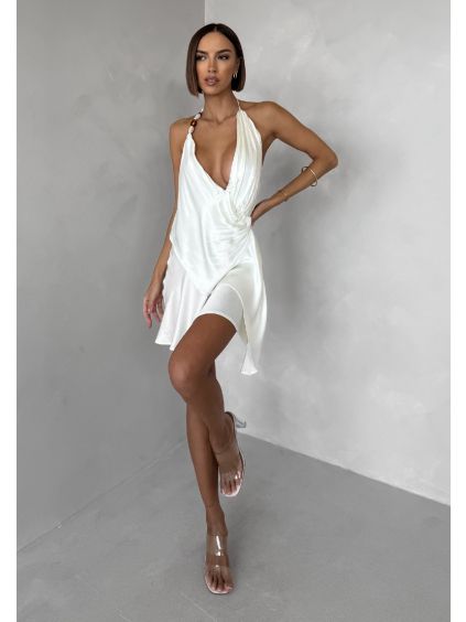 Krémové krátké koktejlové saténové šaty AMESTIA (Veľkosť L)