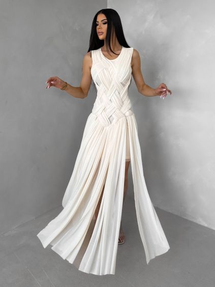 Krémové luxusní dlouhé šifonové šaty PALYRA (Veľkosť M/L)