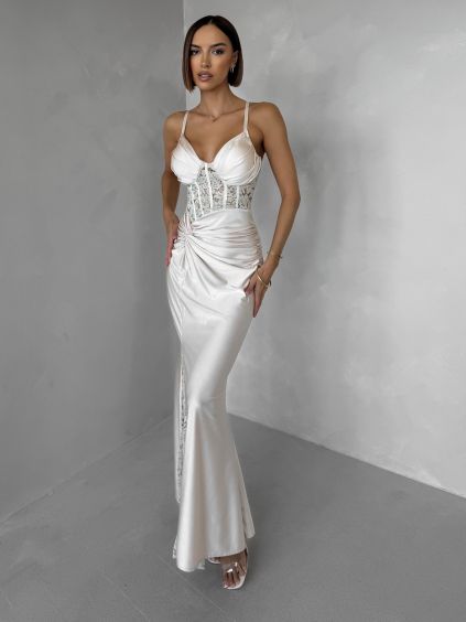 Krémové spoločenské dlhé šaty ARLISE na ramienka (Veľkosť ONESIZE)