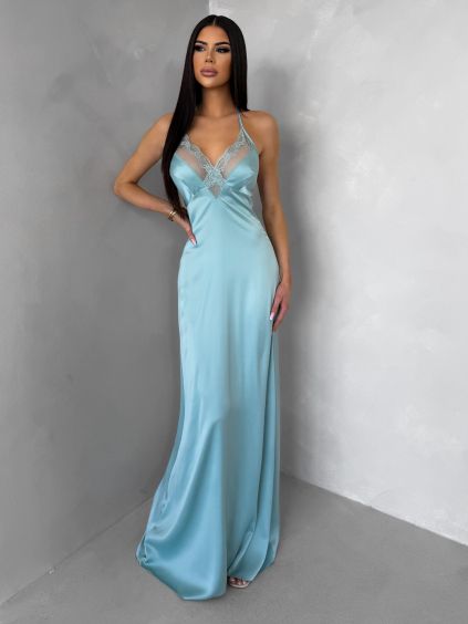 Mátové dlouhé saténové šaty FORTYK s krajkou (Veľkosť ONESIZE)