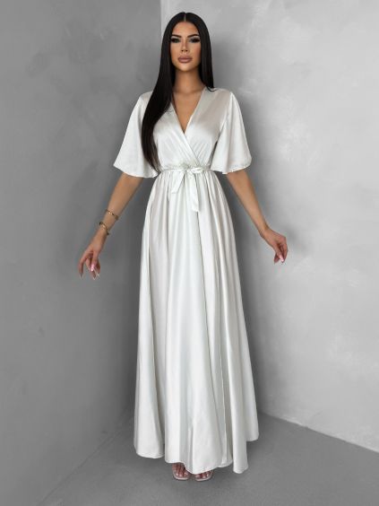 Perleťové  dlouhé saténové šaty GO HOME s páskem (Veľkosť ONESIZE)