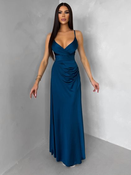 Petrolejové dlouhé saténové šaty ARANKA na ramínka (Veľkosť ONESIZE)
