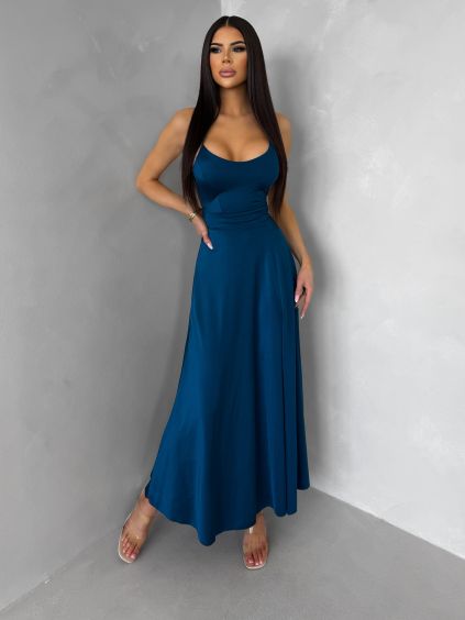 Petrolejové saténové elegantní midi šaty SIMUEL se šněrováním (Veľkosť ONESIZE)