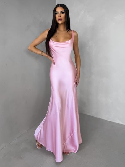 Ružové saténové dlhé šaty MIREVE s odhaleným chrbtom (Veľkosť ONESIZE)
