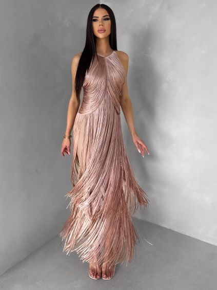 Ružové spoločenské šaty FENDRIA so strapcami (Veľkosť L)