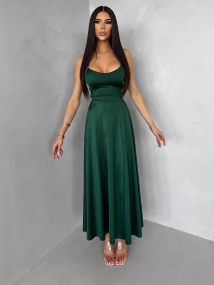 Smaragdové saténové elegantní midi šaty SIMUEL se šněrováním (Veľkosť ONESIZE)