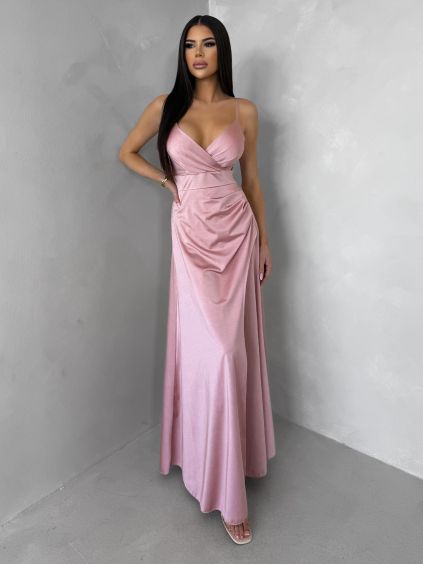 Staroružové dlhé saténové šaty ARANKA na ramienka (Veľkosť ONESIZE)