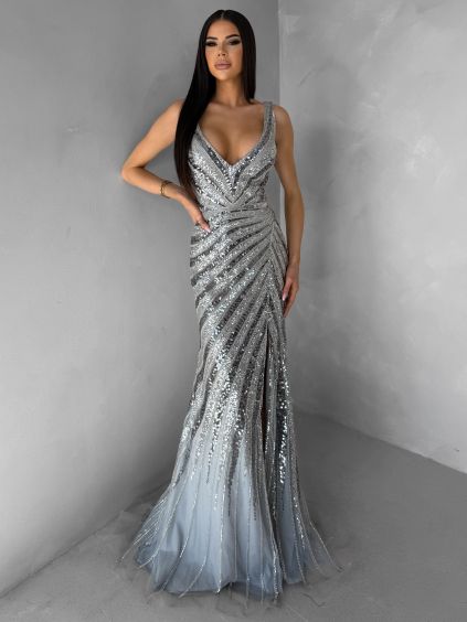 Stříbrné luxusní dlouhé třpytivé šaty MISTRALIS s rozparkem (Veľkosť L)