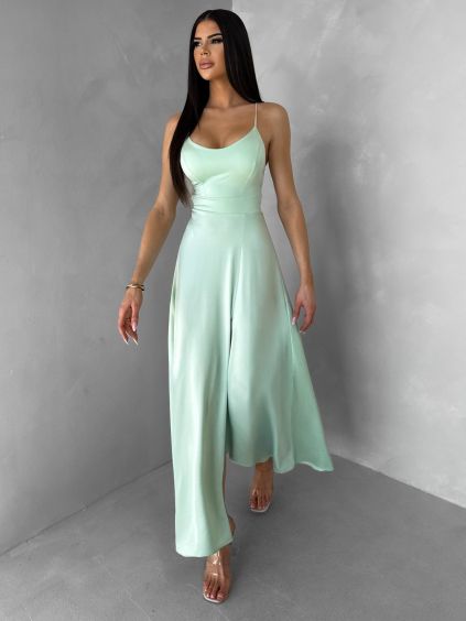 Svetlo zelené saténové šaty SIMUEL so šnurovaním (Veľkosť ONESIZE)