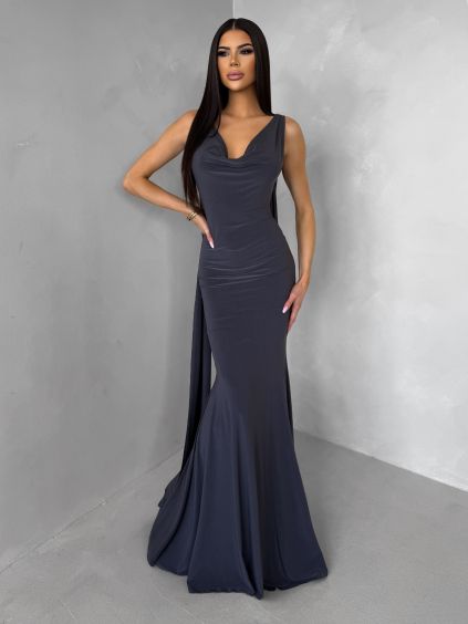 Šedé společenské dlouhé šaty RAVILETA (Veľkosť ONESIZE)