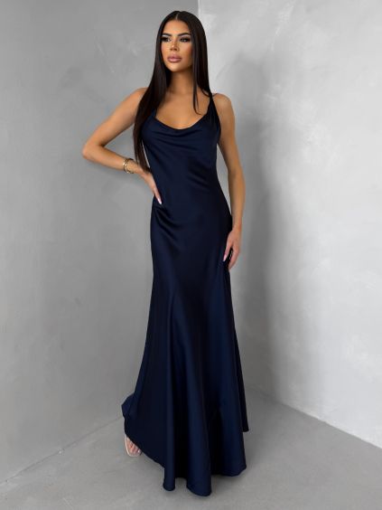 Tmavě modré saténové dlouhé šaty MIREVE s odhalenými zády (Veľkosť ONESIZE)