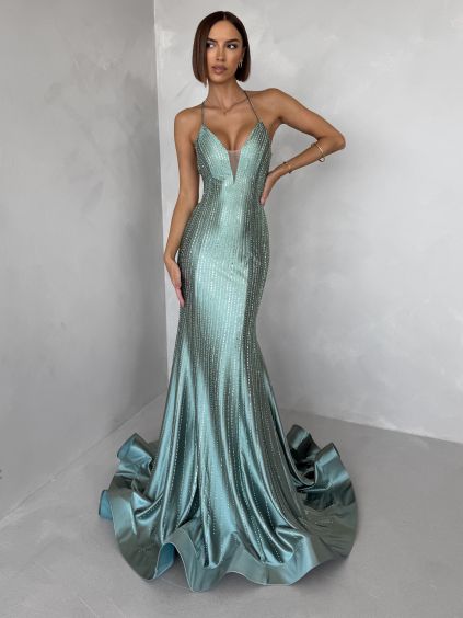 Zelené plesové dlouhé třpytivé šaty GALDYNE (Veľkosť L)