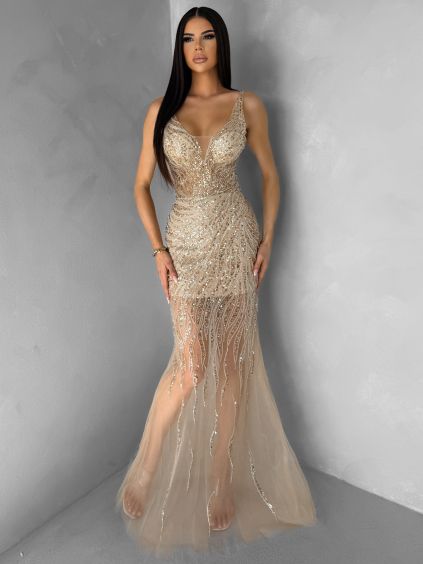Zlaté trblietavé luxusné plesové nude šaty ROVENSA (Veľkosť L)