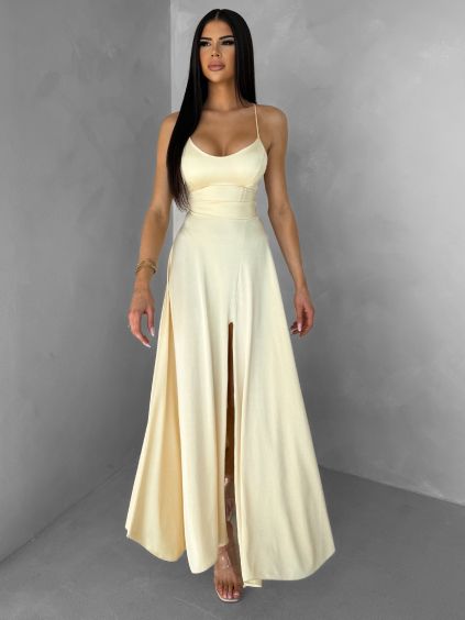 Žlté saténové elegantné midi šaty SIMUEL so šnurovaním (Veľkosť ONESIZE)