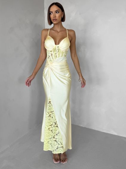 Žluté společenské dlouhé šaty ARLISE s krajkou (Veľkosť ONESIZE)